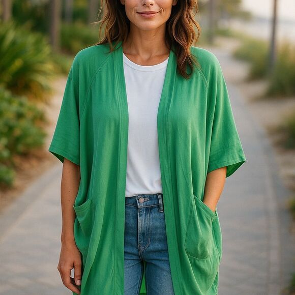 Davi & Dani Women's Green Open Front Kimono M Short Sleeve rayon - Picture 1 of 6